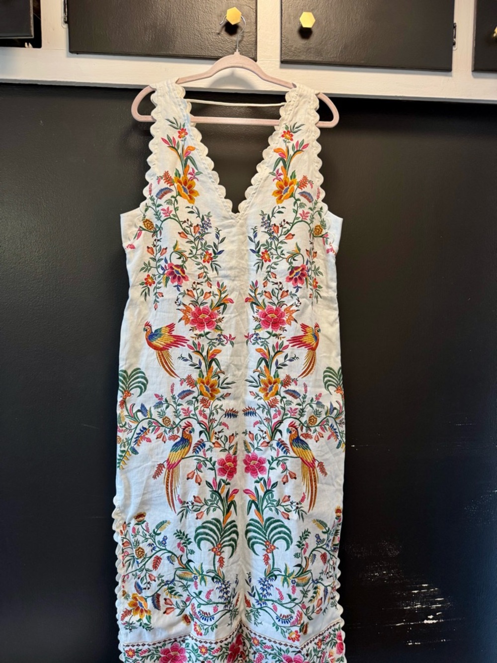 FARM Rio White Linen Maxi Dress with Bright Floral & Bird print with POCKETS L - Picture 3 of 11